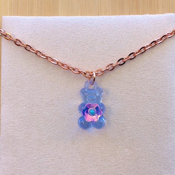 Pastel Blue + Iridescent Pink Flower Gummy Bear Pendant Charm Necklace - Picture 3 of 6